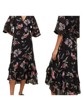 NEW, AllSaints Delana Soleil Floral Print Wrap Dress in Black Sz 4 #MD1723